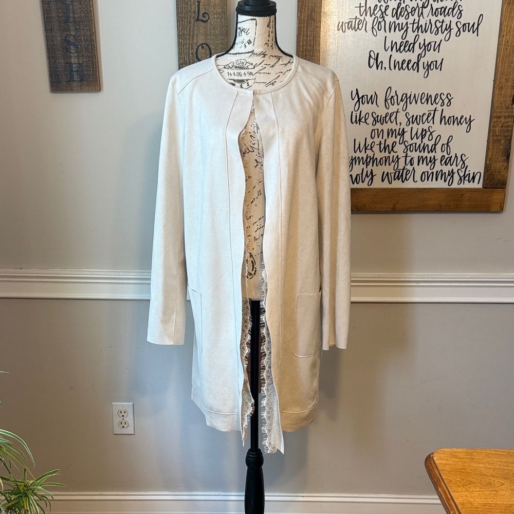 Carmen Marc Valvo Cream Faux Suede Cardigan